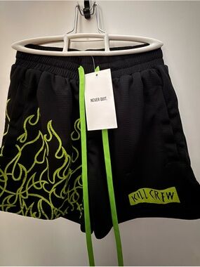Kill Crew Black Athletic Shorts with Neon Green Flame Detail